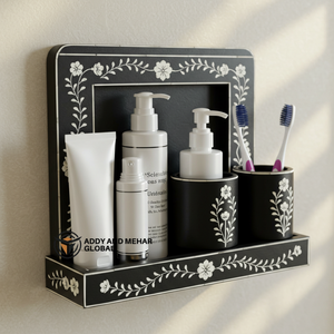 Organizador de baño floral negro, estante de pared decorativo de madera, juego de almacenamiento para baño con soporte para cepillos de dientes - Product Image 1