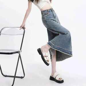 Falda vaquera fina de verano para mujer, estilo chic con borde sin rematar, retro azul, de longitud media, de cintura alta, de color liso, a la moda - Product Image 4
