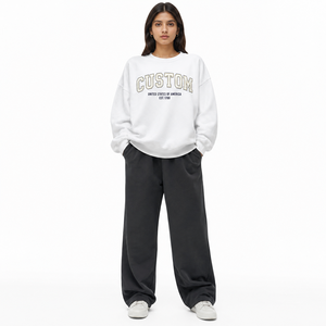 Sudaderas con cuello redondo estilo americano con letras aplicadas personalizadas, al por mayor, de algodón terry blanco, con hombros caídos, sudaderas con capucha lisas - Product Image 2