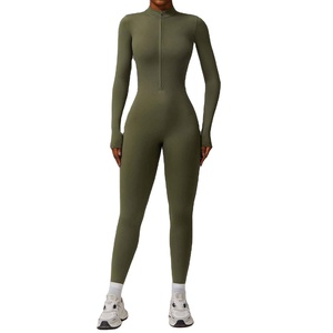 High Quality Crew Neck High Skinny Knitted Yoga Women <b>Bodysuit</b> Jumpsuit Set Tummy <b>Control</b> Breathable Quick Dry Spandex/Polyester - Product Image 3