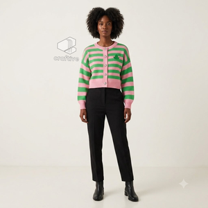 Alfa |   Kapa |   Cárdigan de Punto a Rayas para Mujer, Marca Alpha, con Botones, Color Rojo Carmesí, Bloques de Color, Manga Larga, Ropa para Hermandades - Product Image 4