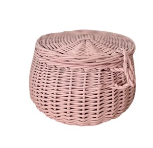 Cute Pink Rattan <b>Basket</b> with Lid Handwoven <b>Wicker</b> <b>Round</b> Makeup Organizer Box Gift <b>Basket</b> Bedroom Desktop Sundries Bin - Product Image 2