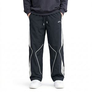 Men Nylon Panel Design Track <b>Pants</b> Elastic Waist Loose Straight Fit Contrast Piping Streetwear OEM Custom Manufacturing - Product Image 2