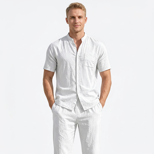 Ensemble de pyjama pour homme en coton blanc tricoté 140g, chemise à manches courtes et pantalon long, respirant, couleur unie, décontracté, pour l'été, coupe ample - Product Image 5