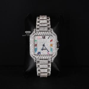 Luxury Full Iced Out Moissanite Diamond Watch Rainbow Roman Numeral Dial White Tone Hip Hop Stainless Steel <b>Automatic</b> Watch - Product Image 1