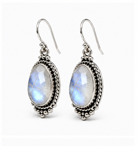 Natural <b>Rainbow</b> Moonstone Silver Earrings, Sterling Silver Dangle Earrings, Oval Moonstone Gemstone Jewelry, Boho Statement - Product Image 1