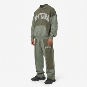 Custom Men Olive Green Distressed Hoodie <b>Jogger</b> Set Cotton Fleece <b>Oversized</b> Streetwear Tracksuit OEM Wholesale - Product Image 5