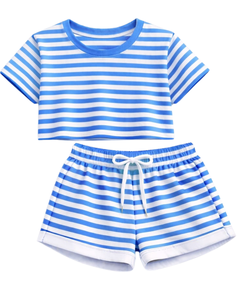 Conjunto de Top Corto y Pantalones Cortos a Rayas Blancas y Azul Cielo para Mujer, Atuendo Casual de Verano de Dos Piezas, Cintura Elástica, Ropa de Salón, Ropa Urbana OEM - Product Image 1
