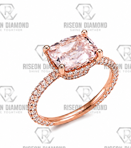 Anillo de compromiso con diamante rosa talla cojín, halo de oro rosa, banda de aniversario con pavé, joyería fina de laboratorio premium, regalo para mujer - Product Image 3