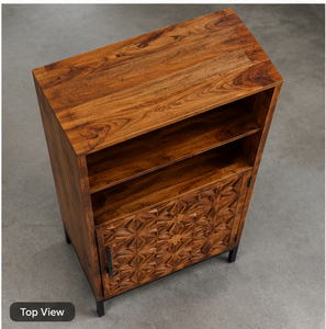 Gabinete de Madera Hecho a Mano de Estilo Moderno de Mediados de Siglo con Puerta Geométrica Tallada y Estantes Abiertos - Product Image 4