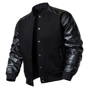 Veste varsity noire pour homme, couleur unie, fermeture à boutons, coupe classique, style décontracté, col rabattu, matière PU, idéale pour l'automne - Product Image 1