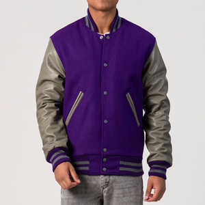 <b>Mens</b> <b>Varsity</b> <b>Jacket</b> Purple and Grey Custom Letterman Baseball <b>Bomber</b> College <b>Jacket</b> with PU Leather Sleeves OEM Manufacturer - Product Image 1