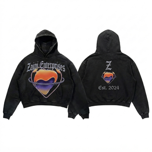Sweat à capuche oversize pour homme en molleton de coton premium 400 GSM, respirant, noir délavé vintage, impression sérigraphique personnalisée DTF pour - Product Image 1