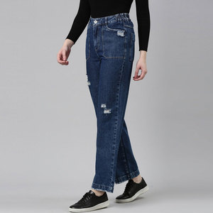 High Waist Wide Leg Blue Denim Jeans Women's Casual Full Length Loose Fit Distressed Cotton <b>Pants</b> - Product Image 3