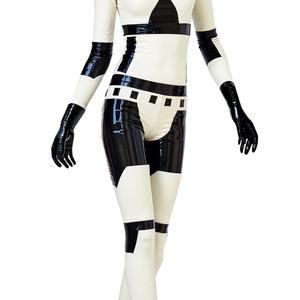 Women's Black White Color Block Full Length <b>Jumpsuit</b> High Waist Long Sleeve Turtleneck Bodycon Spandex Clubwear - Product Image 2