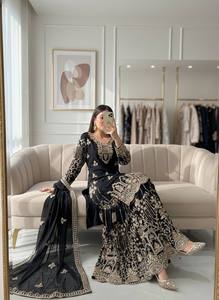 Robe Anarkali en soie noire brodée avec dupatta, tenue de mariage traditionnelle indienne et pakistanaise, robe longue pour femmes - Product Image 2