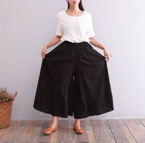 Women's Black Cotton Culottes Loose Fit Knee Length Elastic Waist Solid Color Casual <b>Summer</b> <b>Pants</b> With Pockets Flat Front Style - Product Image 1