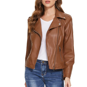 Women's Genuine Leather <b>Biker</b> <b>Jacket</b> (3 Colors) with Zip Pockets Windproof Regular Length Winter Season Finished - Product Image 5