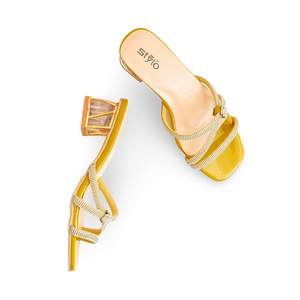 Sandales à talons fantaisie moutarde, style pantoufle, modèle FN7952 - Product Image 1