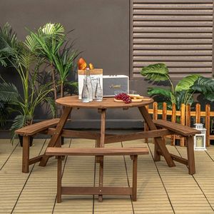 6-Person Round <b>Wooden</b> Picnic <b>Table</b> with Umbrella Hole & 3 Built-In Benches for <b>Garden</b> Sets - Product Image 2