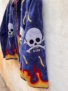 Dramatic Bold Hand Embroidered Suzani Blue <b>Velvet</b> Jacket Skull Cross Bone & Flame Motif Winter <b>Coat</b> Edgy Biker Style Outerwear - Product Image 6