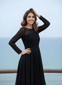 Woman Black Georgette Fancy <b>Dress</b> Round Neck <b>Long</b> Sleeve Regular Length Fully Stitched Solid Color Stylish <b>Party</b> Wear Outfit - Product Image 6