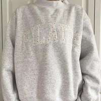 Haut unisexe oversize à col montant en maille mélange coton/élasthanne, manches longues, brodé, respirant, style streetwear, avec appliqué, pour l'hiver
