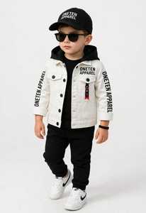 ONETEN APPAREL Ensemble de survêtement à capuche 2-en-1 pour garçons, 100% Coton, Hiver, à ourlet fendu, color block, avec veste et pantalon imprimés lettres, style streetwear - Product Image 1