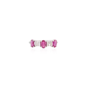 Nouveautés, bague à trois pierres en or blanc K14 100% authentique avec rubis et diamants, pour femmes, cadeau de demoiselle d'honneur, bijoux empilables - Product Image 1