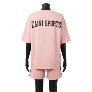 Ensemble de t-shirt et short en coton premium pour femmes, tissu doux 200 GSM, rose, vêtements de détente avec impression de logo en caoutchouc personnalisé, ensembles pour femmes - Product Image 2