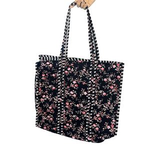 Bolso de mano con estampado Floral negro para Rosa, cierre de cremallera, compras acolchadas grandes ecológicas para aventuras diarias, moda de viaje - Product Image 1