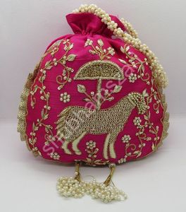 Unique Design Beige Silk Potli Bag <b>Pink</b> Mirror Work Zardosi Embroidery Women Wedding Bridal Drawstring <b>Purse</b> Ethnic Handbag - Product Image 2