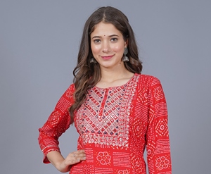 <b>Women</b> Red Bandhani Printed Embroidery Work Yoke On Neck Kurti with , 3/4 Sleeves Casual Ethnic Wear Straight <b>Kurta</b> - Product Image 3
