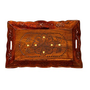 Plateau de service artisanal en bois de Sheesham avec incrustation florale en laiton - Vente en gros - Product Image 1