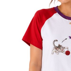 Women White and <b>Red</b> Raglan T Shirt Cute Cat Graphic Print Crew Neck Short Sleeve Cotton Casual Tee Custom OEM ODM Apparel - Product Image 4