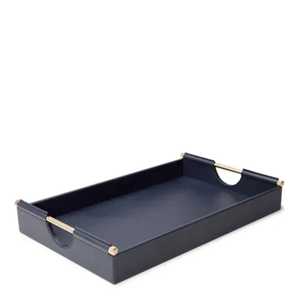 Luxury Navy Blue Leatherette Rectangular Serving Tray <b>Brushed</b> Gold Metal Rail Side Handles Vanity Storage Platter - Product Image 1