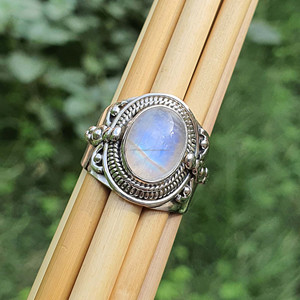 Wholesale Supplier's Vintage Natural Rainbow Moonstone 925 Sterling Silver Wide Band Engagement <b>Ring</b> Gold-Plated Geometric - Product Image 1