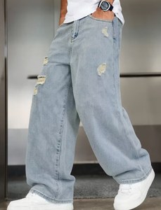 Hardihood International Jean en denim pour homme, coupe large, taille haute, déchiré, délavé à la pierre, style bohème, grande taille, coupe ample, en coton - Product Image 4