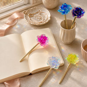 Iridescent <b>Rose</b> Flower Ballpoint Pen with Gift Box Elegant Gold Tone Decorative Pen Replaceable D1 Refill for Wedding Birthday - Product Image 4