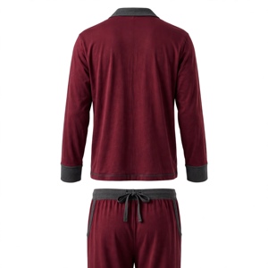 Men's Burgundy Long Sleeve <b>Pajama</b> Set With Gray Trim Soft Knitted 100% Cotton Casual Autumn Wear - Product Image 4