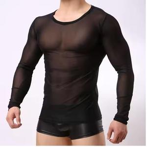 Camiseta negra ajustada de manga larga con malla transparente para gimnasio, fitness, ejercicio, entrenamiento muscular, transpirable, para hombre. - Product Image 1