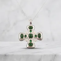 Pendentif Croix Vintage Chrétien en Laiton Plaqué Argent 18 carats avec Pierre Naturelle (Jade, Calcédoine, Quartz, Perle)