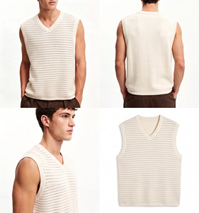 Gilet pull décontracté pour homme en laine/acrylique, uni, anti-plis, col en V, sans manches, tricoté à la machine, maille 12GG, 160g - Product Image 5