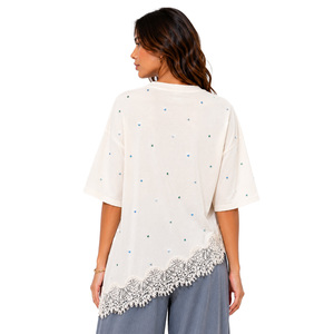 Sparkling Rhinestone Custom <b>Bohemian</b> Beaded Lace Hem Loose Fit women's shirt Asymmetric Design <b>Top</b> Drop Shoulder Cotton Shirt - Product Image 2