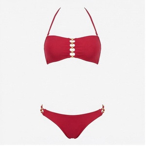 Ensemble de bikini bandeau rouge pour femme avec décoration de perles, bas de maillot de bain extensible - Product Image 1