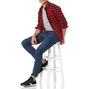 Chemises en flanelle à manches longues pour hommes, col boutonné, vente en gros d'usine 2025, chemise en flanelle décontractée en coton à carreaux rouges et noirs classiques - Product Image 5