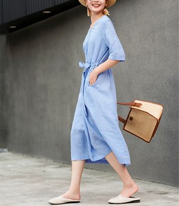 Elegant Sky Blue Cotton Linen Plain Maxi <b>Dress</b> With V-Neck Boho <b>Loose</b> Fit Short Sleeve Summer Casual <b>Dress</b> For Women - Product Image 3