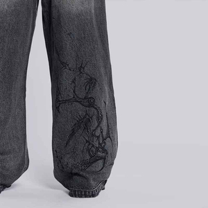 Vaqueros de mezclilla de hombre de cintura alta y pierna ancha, lavados a la piedra, con bordado a mano, estilo streetwear, de algodón, corte holgado, para otoño 2026 - Product Image 5