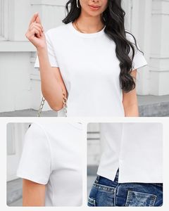 T-shirt à manches courtes pour femme, col en V, couleur unie, coupe classique, 100% coton, toile décontractée, respirant, écologique, séchage rapide, toutes saisons - Product Image 4