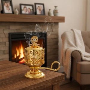 Brûleur à Bakhoor en laiton doré avec connecteur sphérique en bois, encensoir, plateau amovible pour charbon et tamis, Mabkhara - Product Image 4